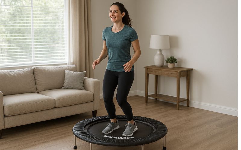 rebounding is gentle on your body - Lady bouncing on a rebounder in her living room 